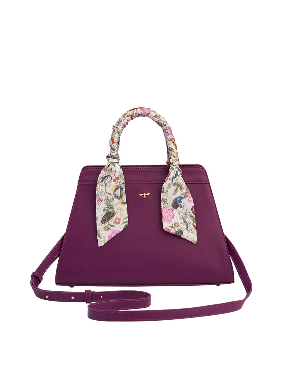 Structured Plum Wine Crossbody Bag with Floral Scarf Accent